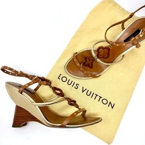 Louis Vuitton Andalucia Wedge Sandals Brown Gold Monogram Flower Wooden Ornament